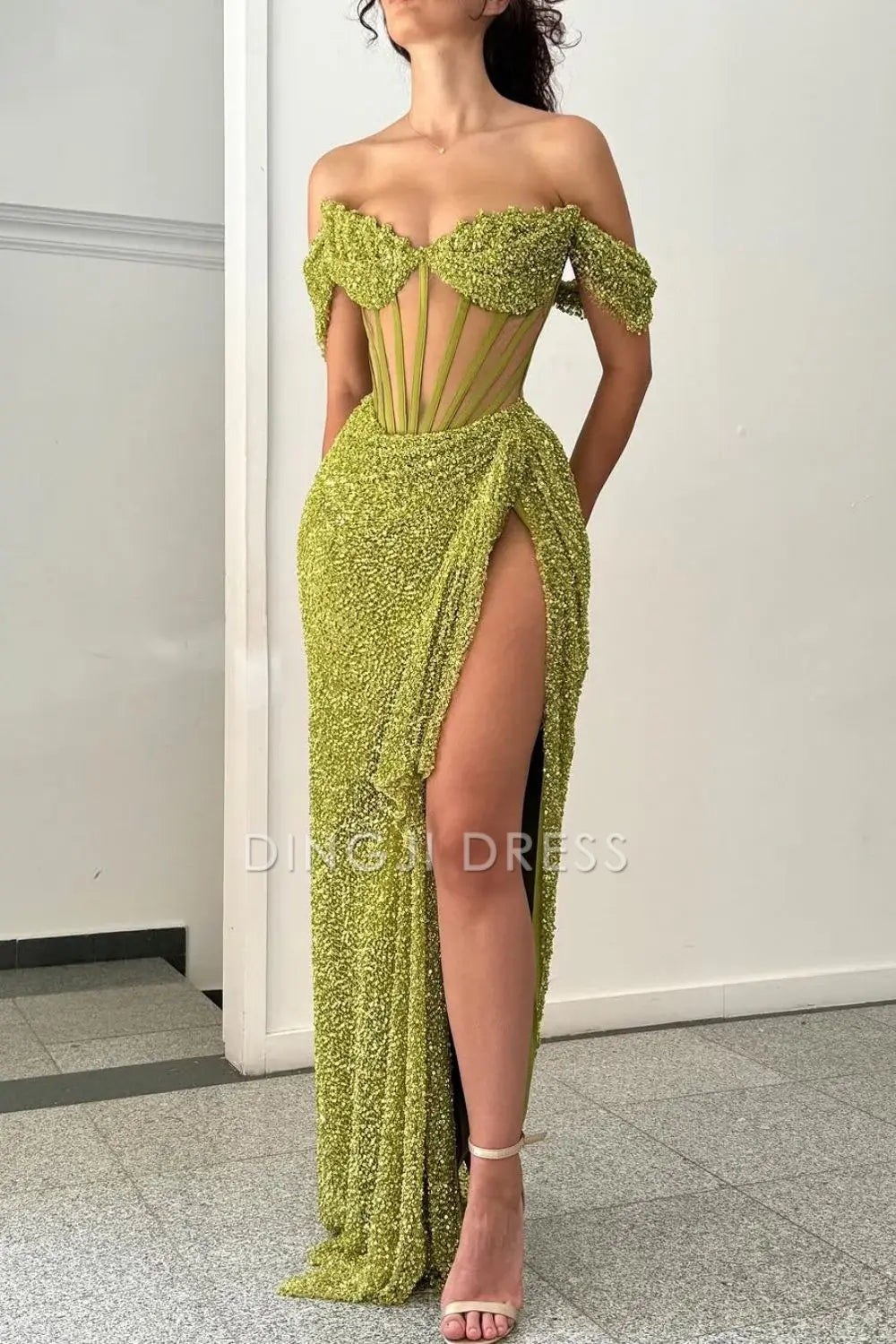 DingJiDress Sparkly Mermaid Off The Shoulder Long with High Slit Charming Prom Dress