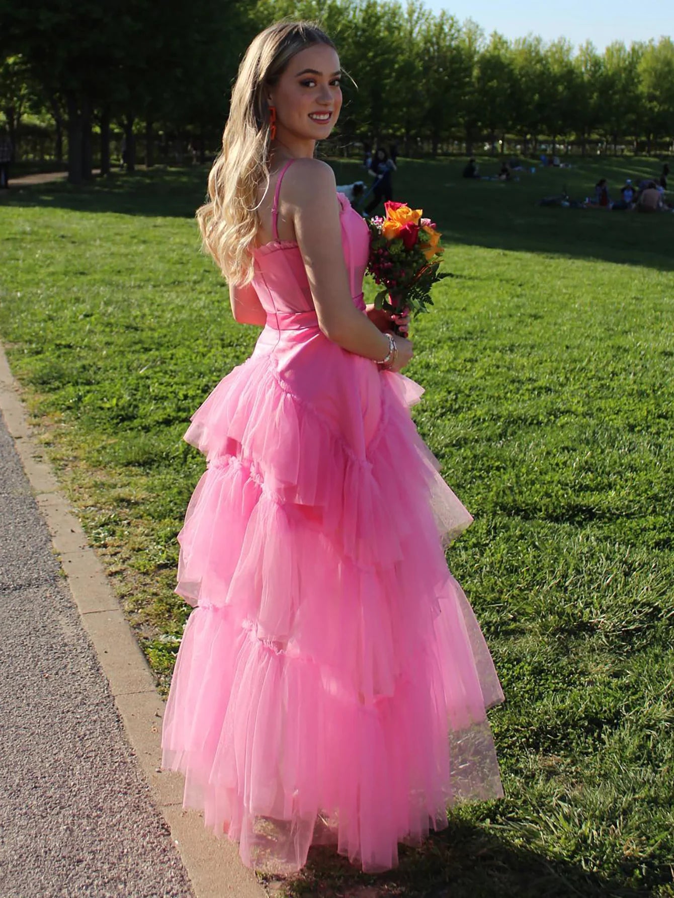 Spaghetti Straps Pink Tulle Long Prom Dress