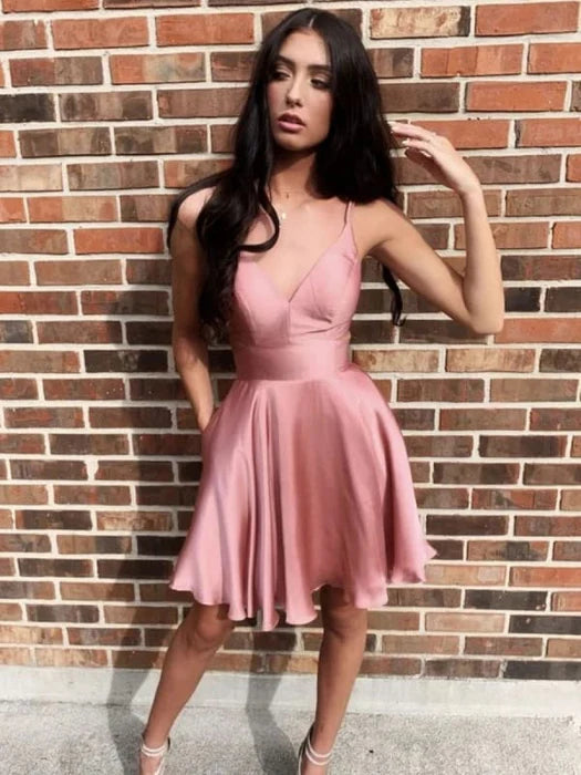 Pretty V Neck Short Rose Pink Prom Rose Pink Formal Graduation Homecoming