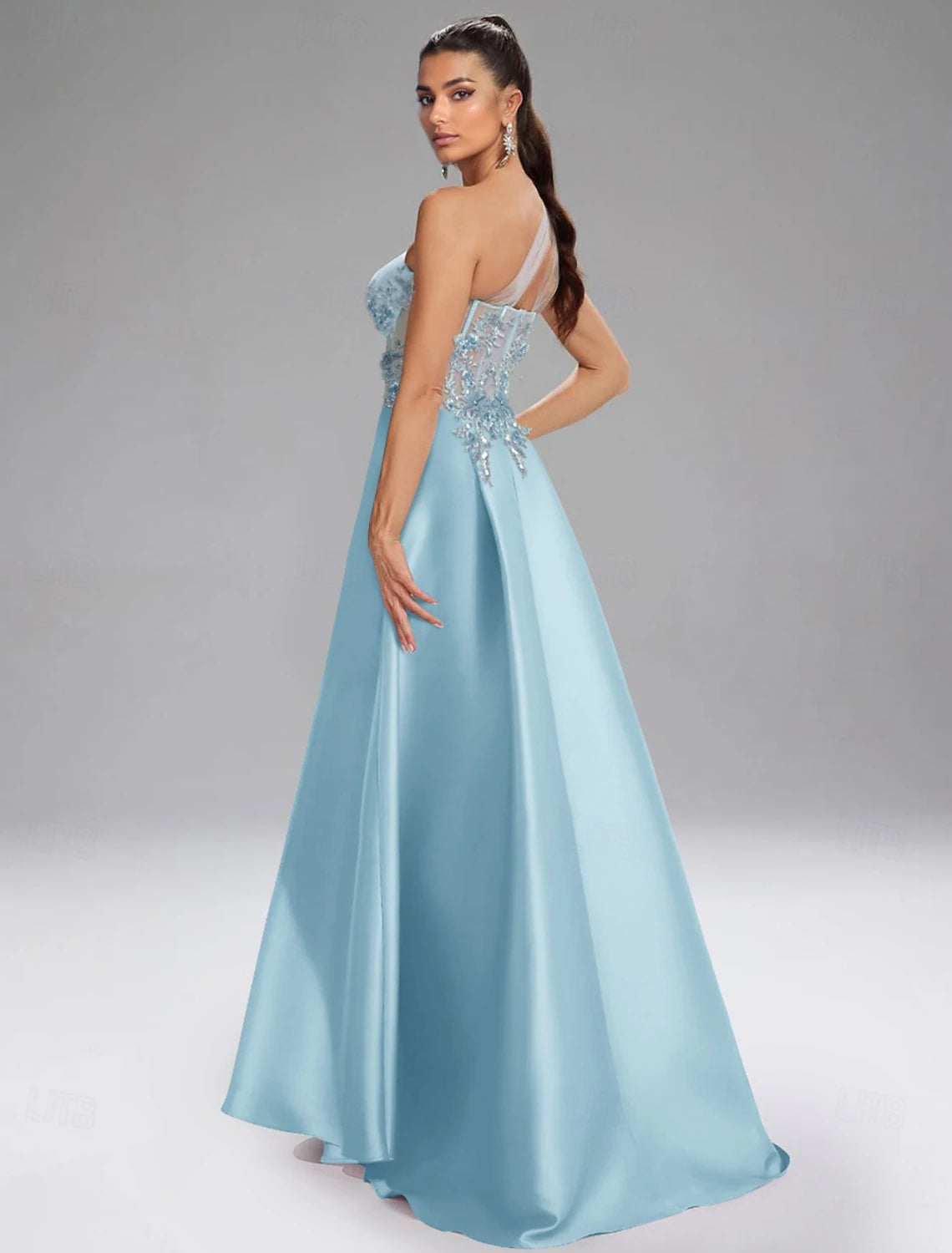 A-Line Prom Dresses Elegant Dress Formal Evening Party Floor Length Sleeveless One Shoulder Ruched Tulle Satin with High Slit