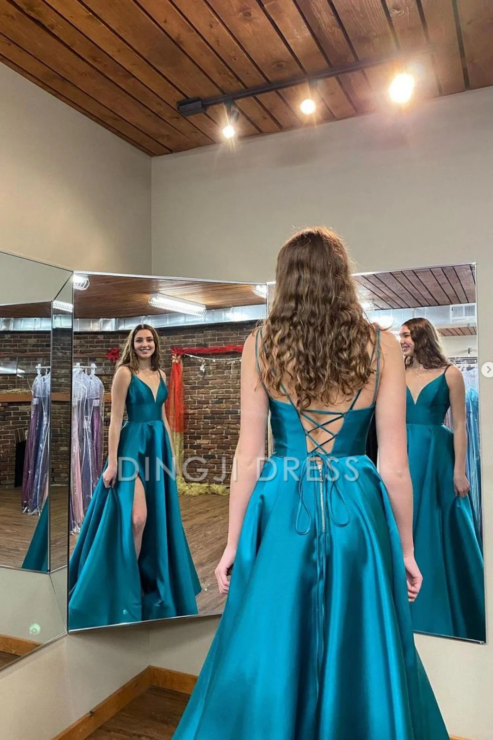 DingJiDress Classic A Line V Neck Spaghetti Strap Side Fork Long Elegant Prom Dress