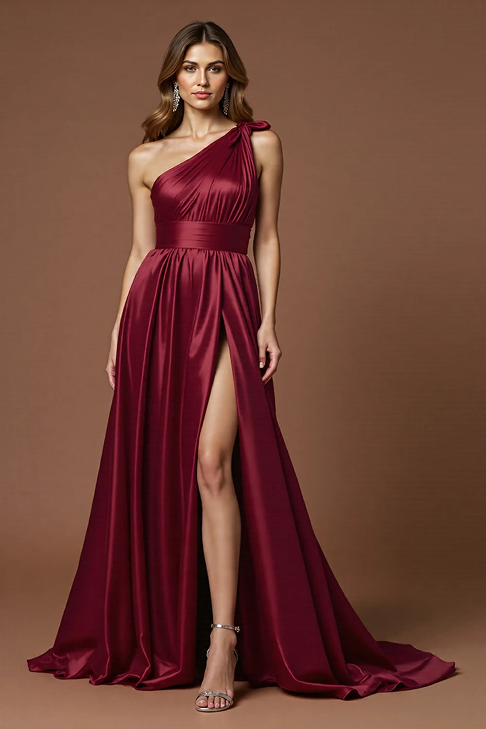 Red A-line One Shoulder Long Satin Split Ball Dress