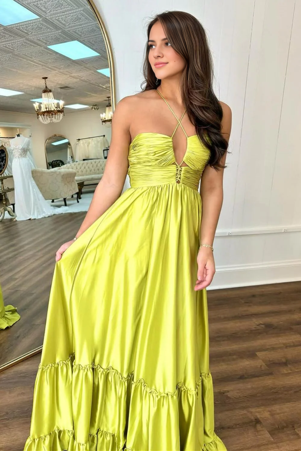DingJiDress Chic A-Line Spaghetti Straps Backless Lace Up Long Satin Elegant Prom Dress