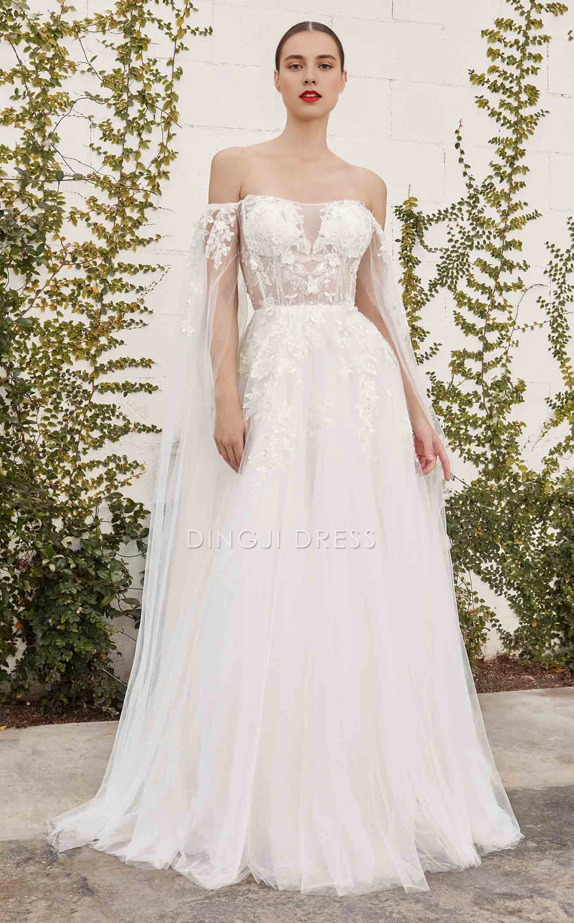 DingJiDress Hot Sale Wedding Dress Exquisite A Line Strapless Corset Bodice Cape Sleeve Lace Applique Elegant Formal Wear Dresses