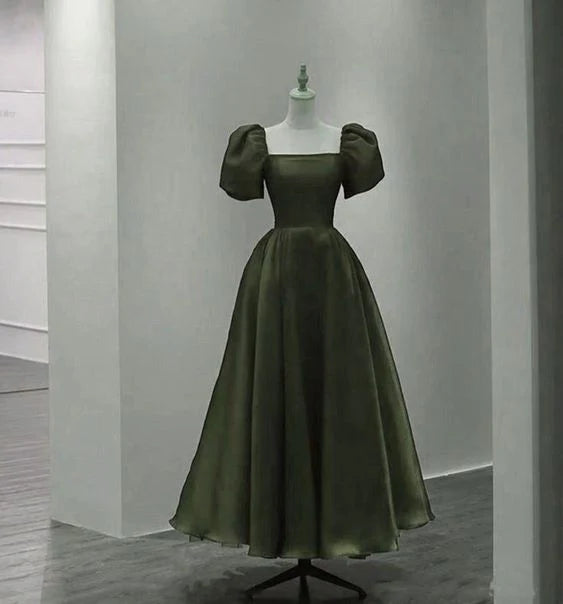 Green long chiffon square neck A-line ball gown