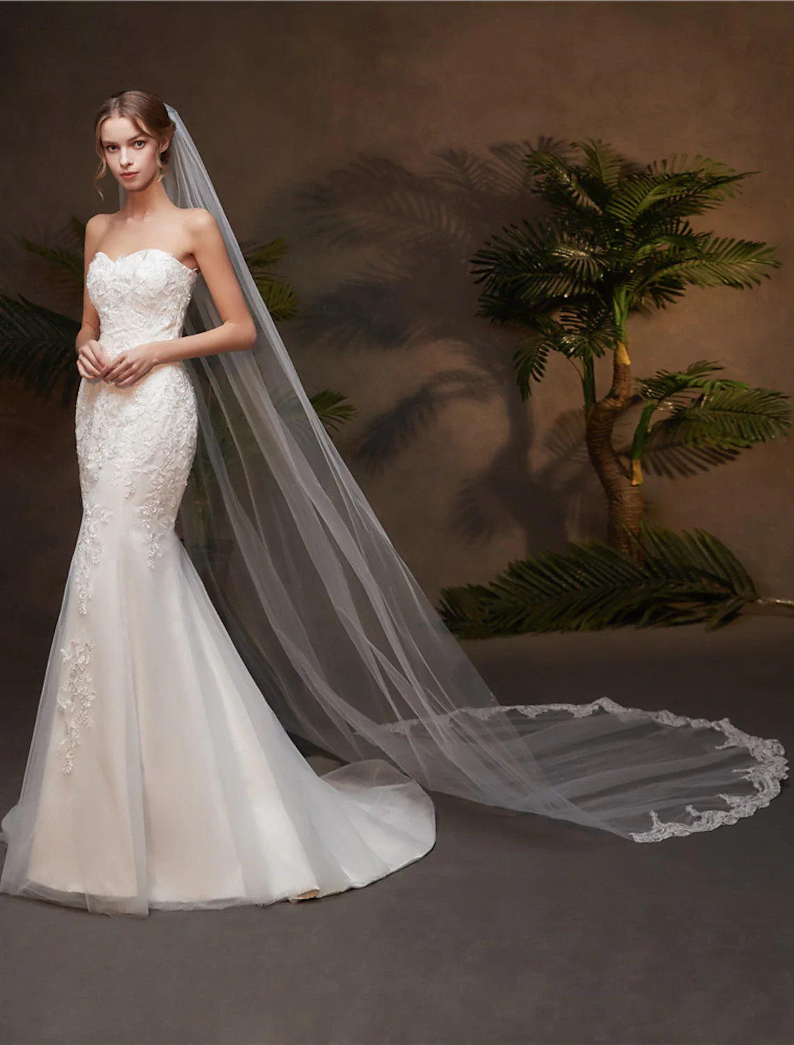 DingJiDress One-tier Lace Applique Edge Wedding Veil Chapel Veils with Appliques Tulle