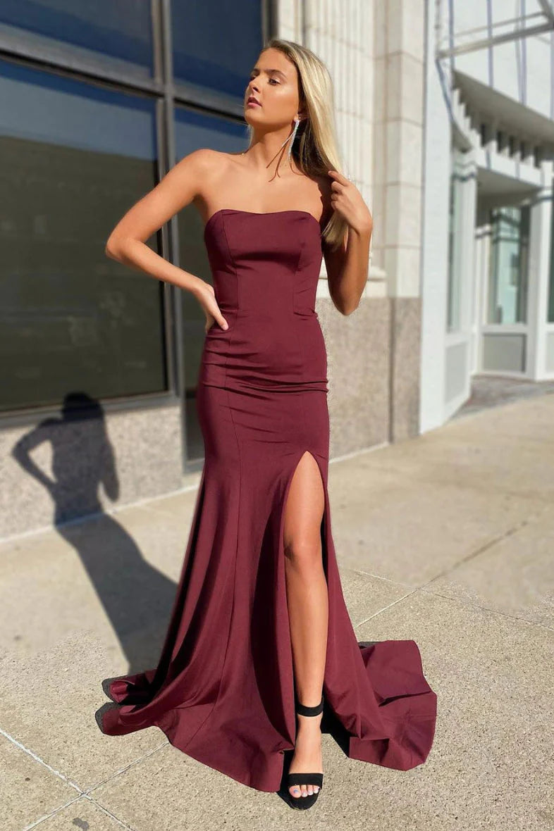 Unique burgundy satin long prom dress burgundy formal dress