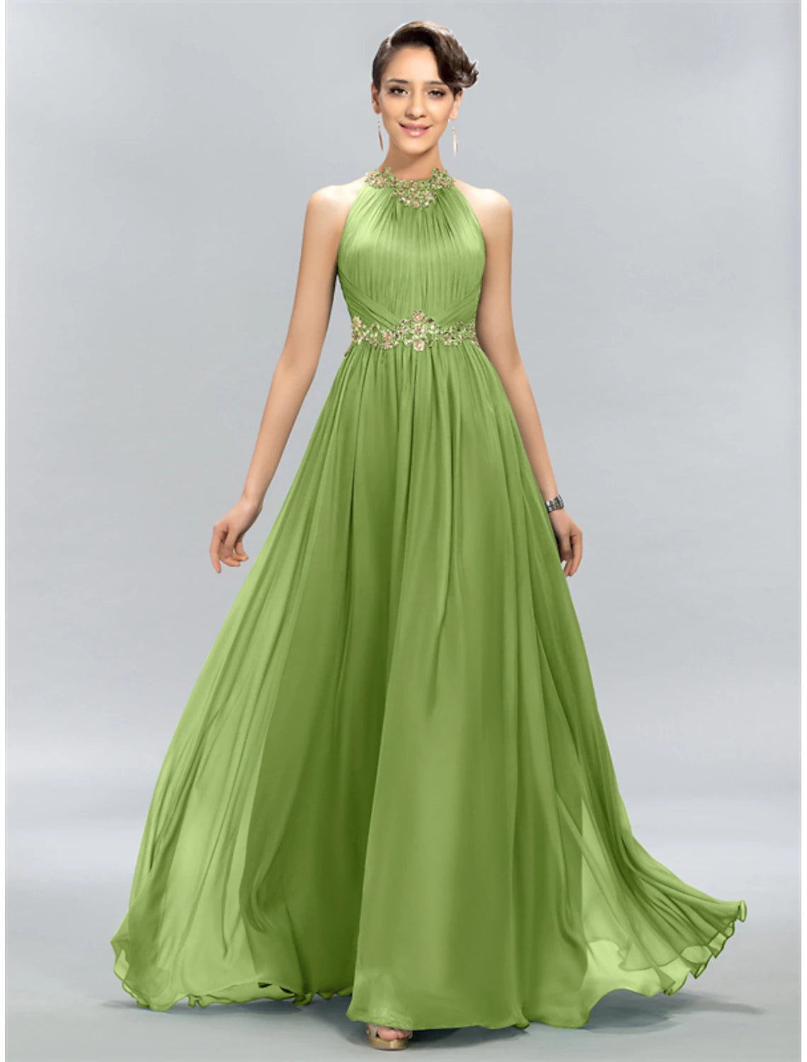 A-Line Wedding Guest Dresses Elegant Dress Party Wear Wedding Party Floor Length Sleeveless Halter Neck Chiffon with Ruched Appliques