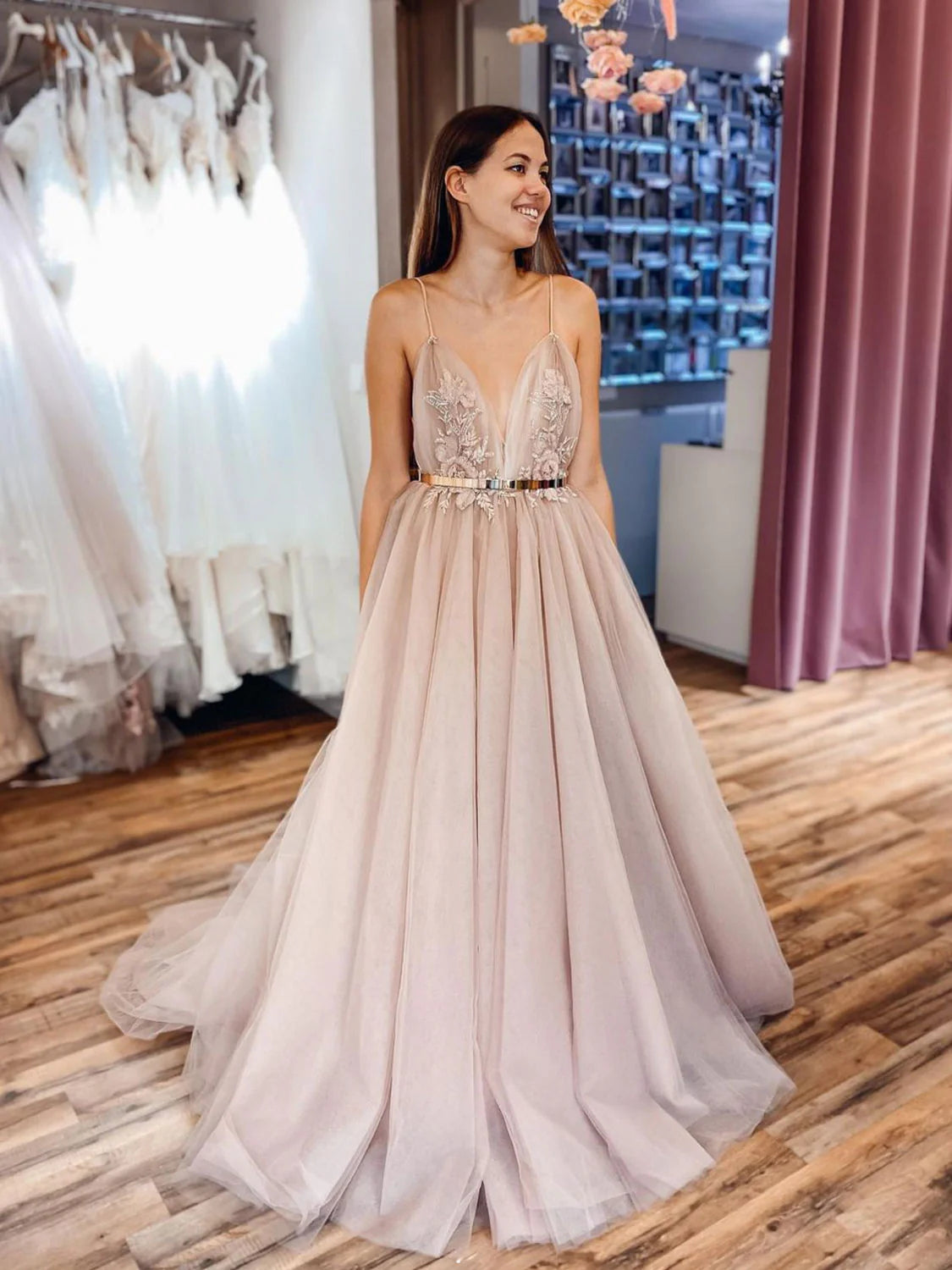 Champagne v neck tulle lace long prom dress tulle formal dress