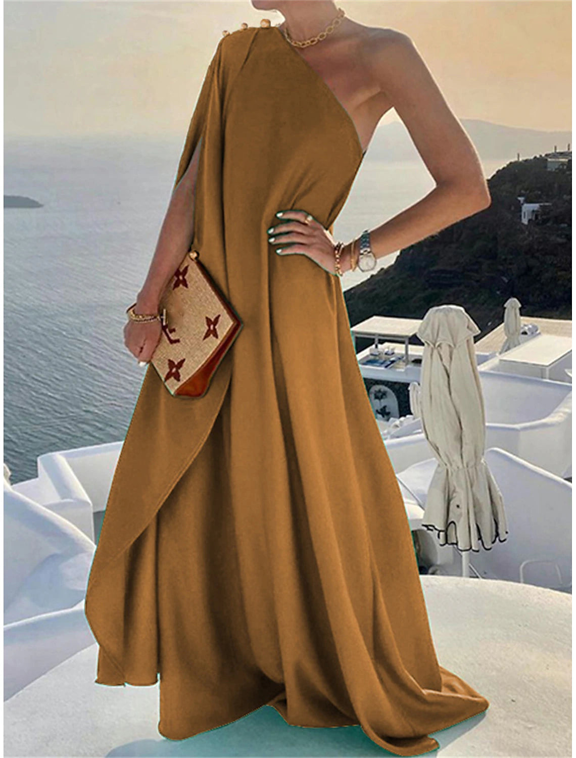 Women's Prom Dress Party Dress Wedding Guest Dress Polyester Patchwork One Shoulder 3/4 Length Sleeve Floral Vacation Wedding Guest Elegant Black Yellow Summer Spring