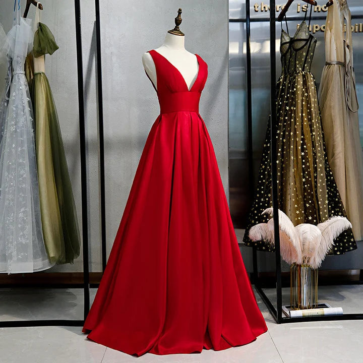 Red V-neckline Satin Floor Length Prom DressRed Evening Gown
