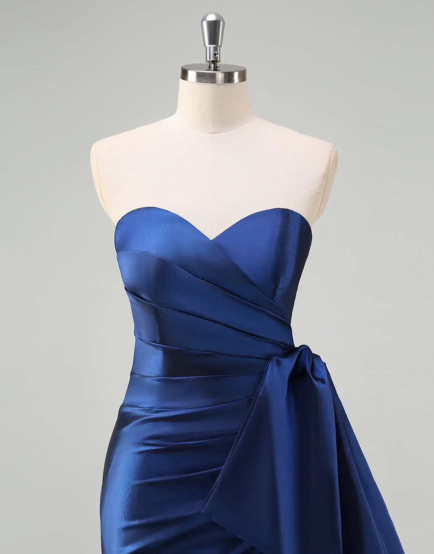 Deep blue satin long mermaid strapless pleated bow dance party dress