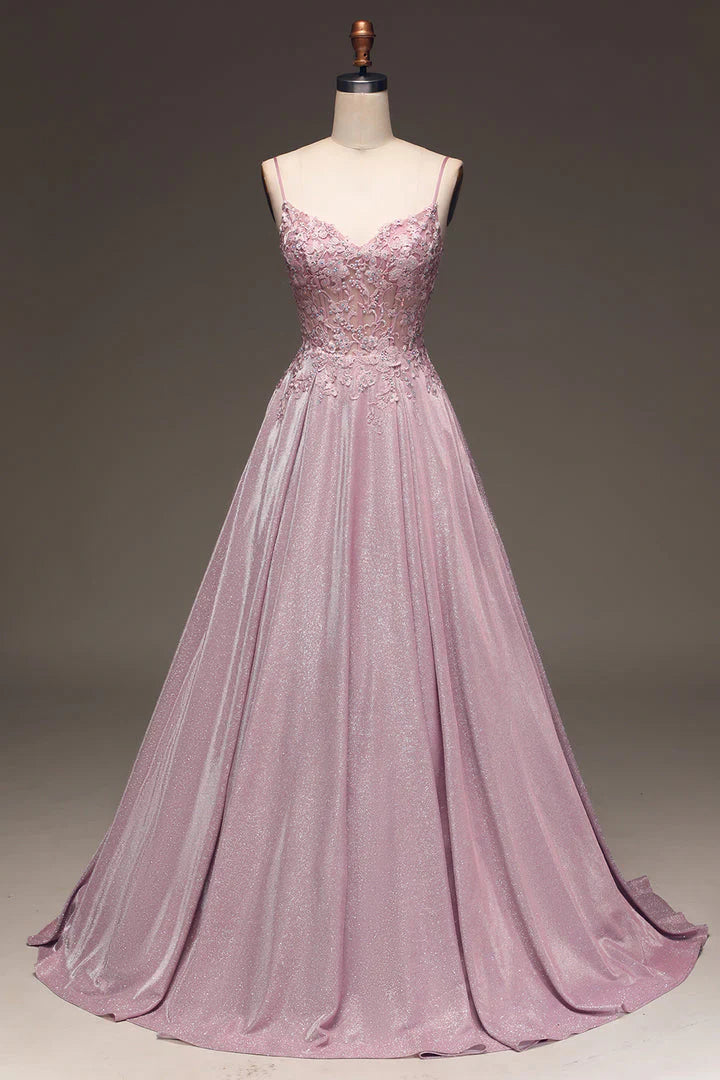 DingJiDress Glitter Spaghetti Straps Blush Prom Dress with Beading