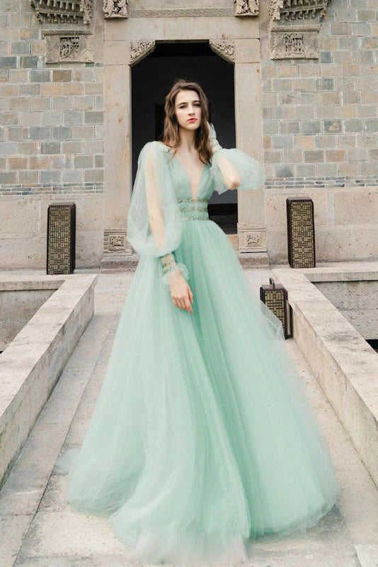 Green v neck tulle long prom dress green evening dress