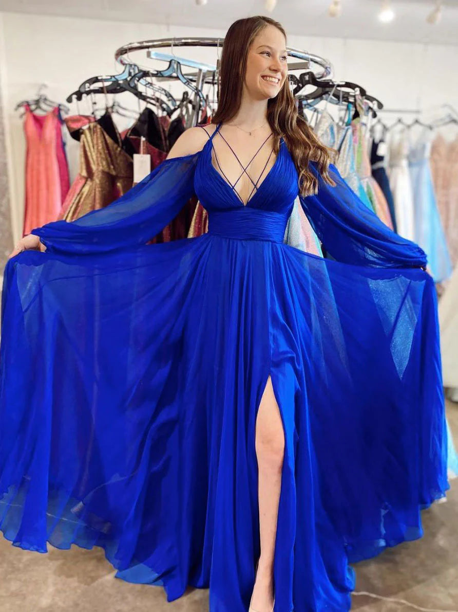 Blue v neck chiffon long prom dress blue long evening dress