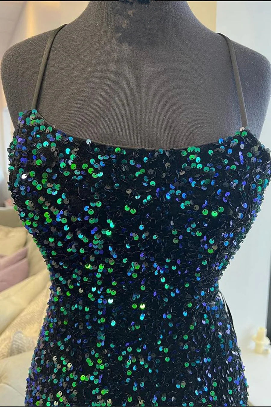 Dark Green Sequined Spaghetti Straps Long Formal Dress