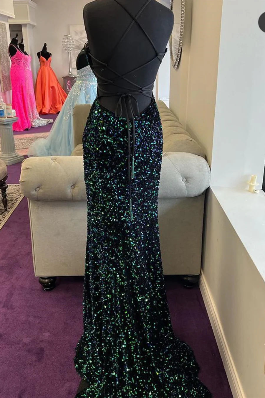 Dark Green Sequined Spaghetti Straps Long Formal Dress