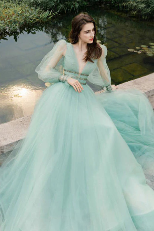 Green v neck tulle long prom dress green evening dress