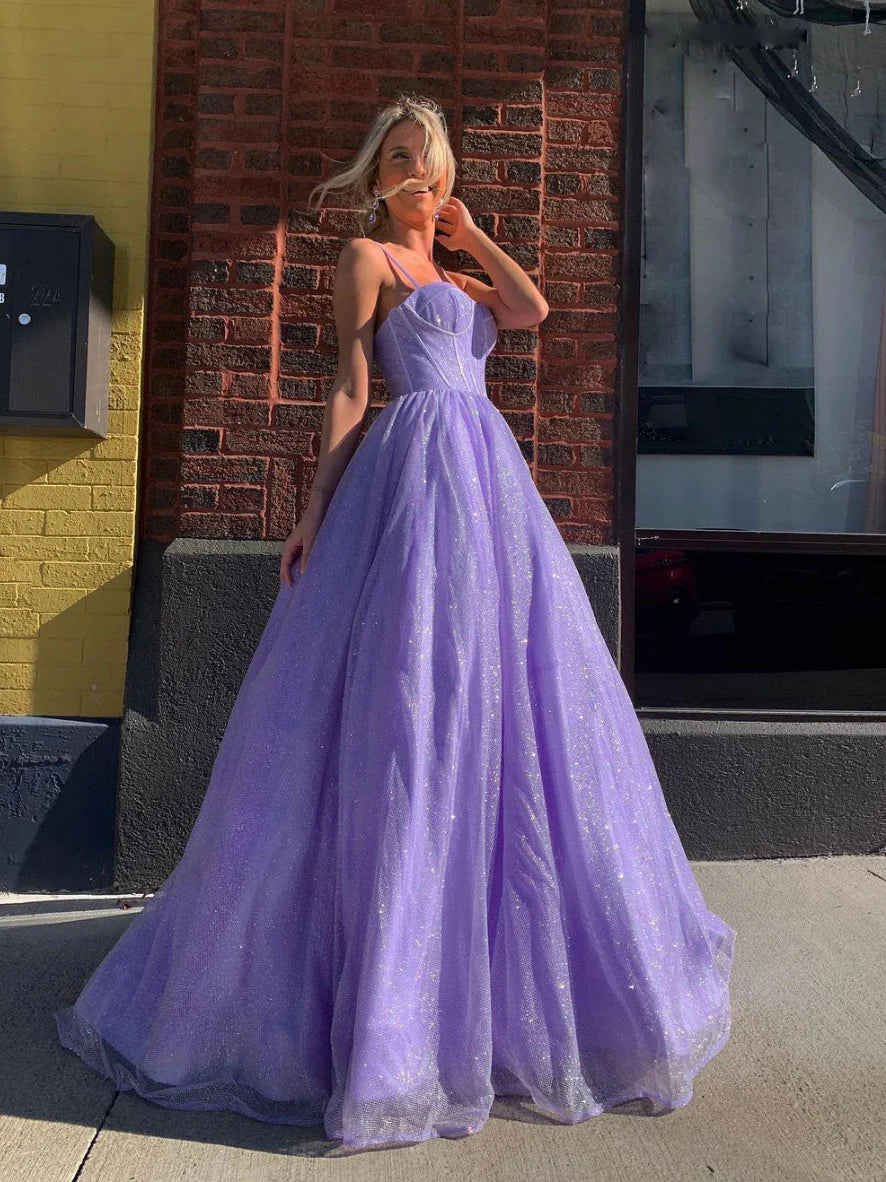 Purple A line tulle long prom dress purple tulle evening dress