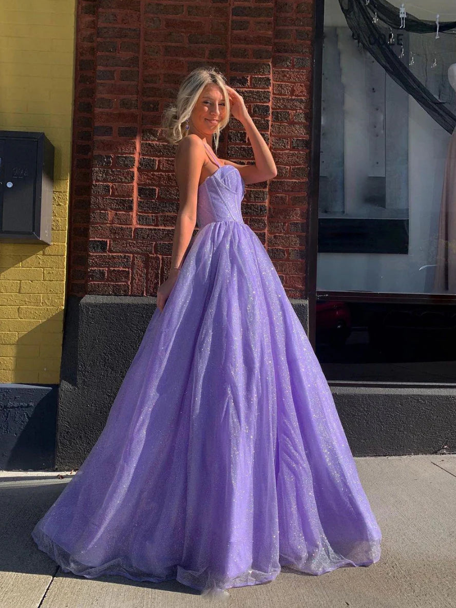 Purple A line tulle long prom dress purple tulle evening dress