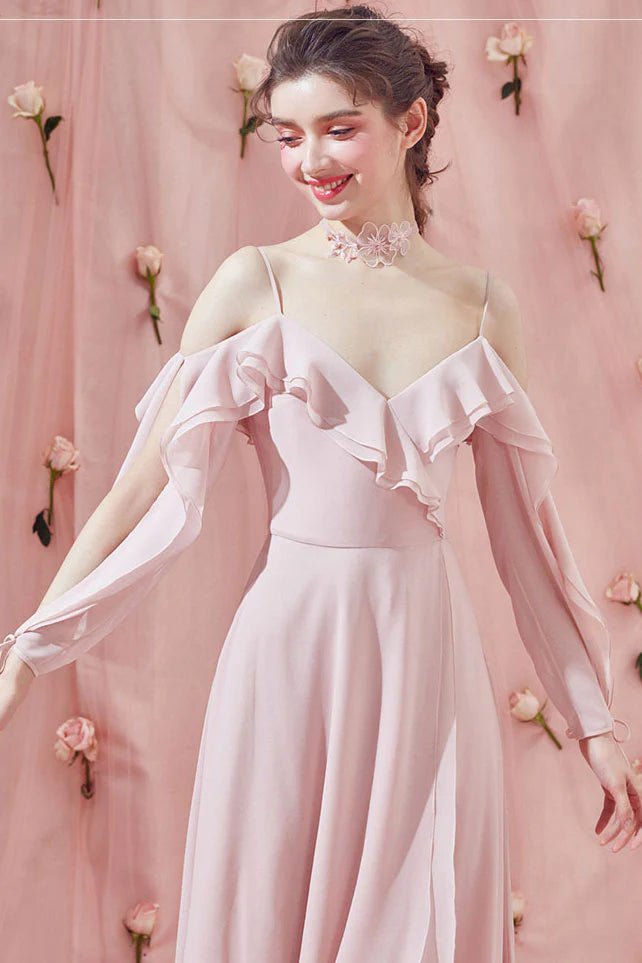 Simple pink chiffon long prom dress pink formal dress