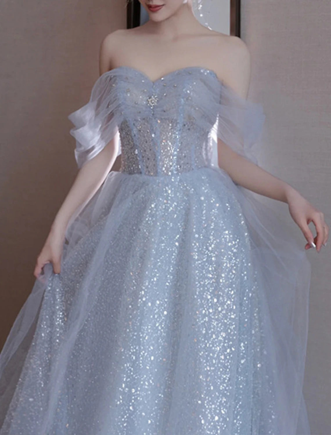 A-Line Party Dresses Elegant Dress Wedding Guest Prom Floor Length Sleeveless Off Shoulder Sequined with Sequin dress to impress