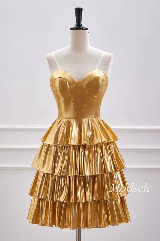 Strapless Gold Metallic A-Line Ruffle Homecoming Dress