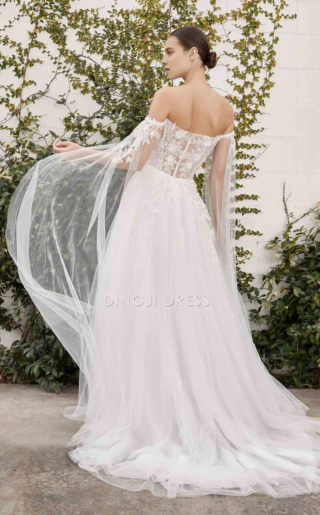 DingJiDress Hot Sale Wedding Dress Exquisite A Line Strapless Corset Bodice Cape Sleeve Lace Applique Elegant Formal Wear Dresses
