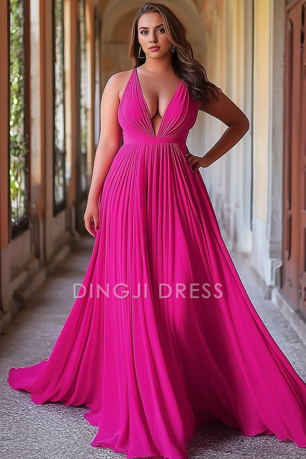 DingJiDress High Quality Dress A Line Deep V-Neck Pleated Sexy Charming Long Prom Dress