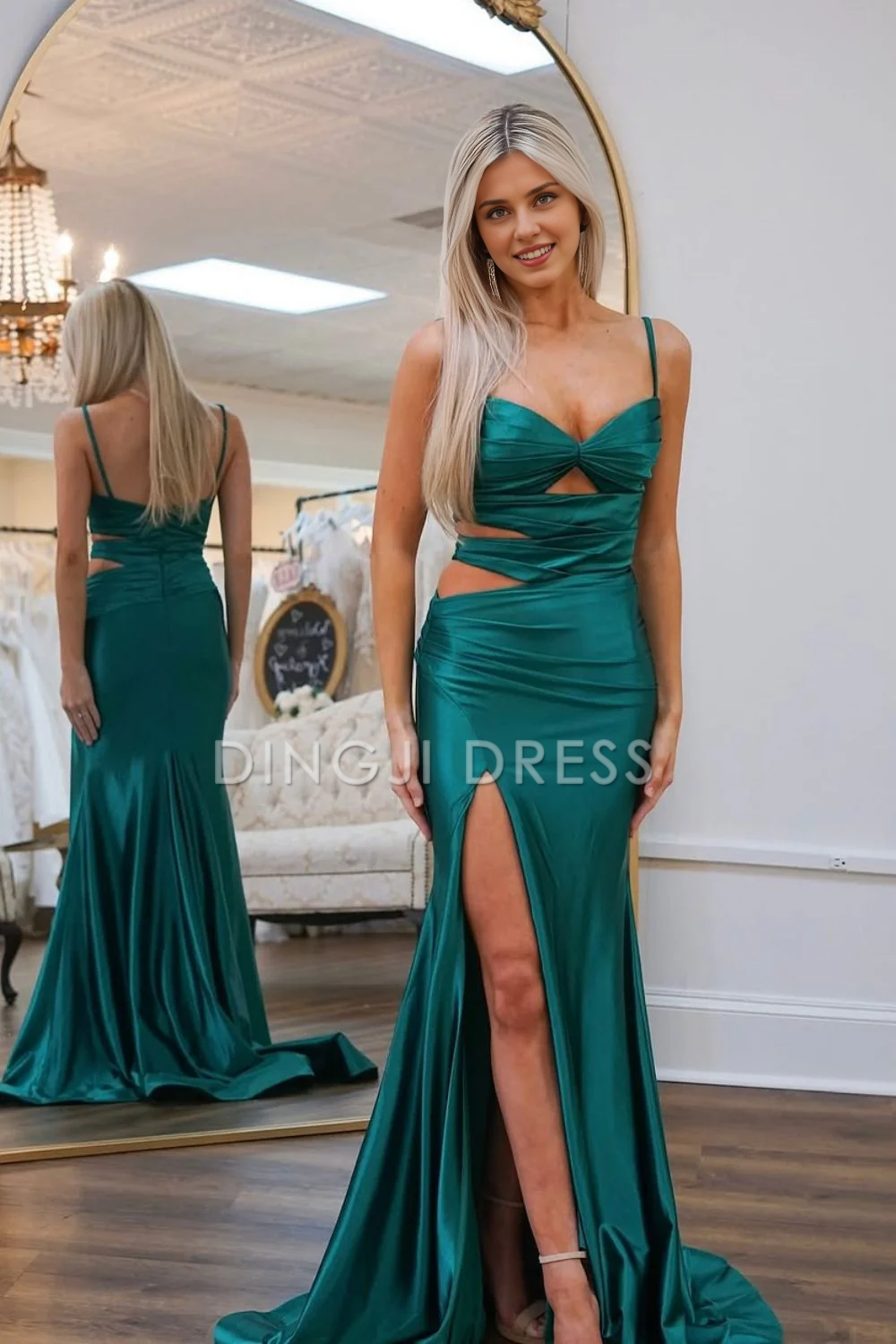 DingJiDress Exquisite Mermaid Spaghetti Straps Cutout Waist Long Satin Fashion Prom Dress