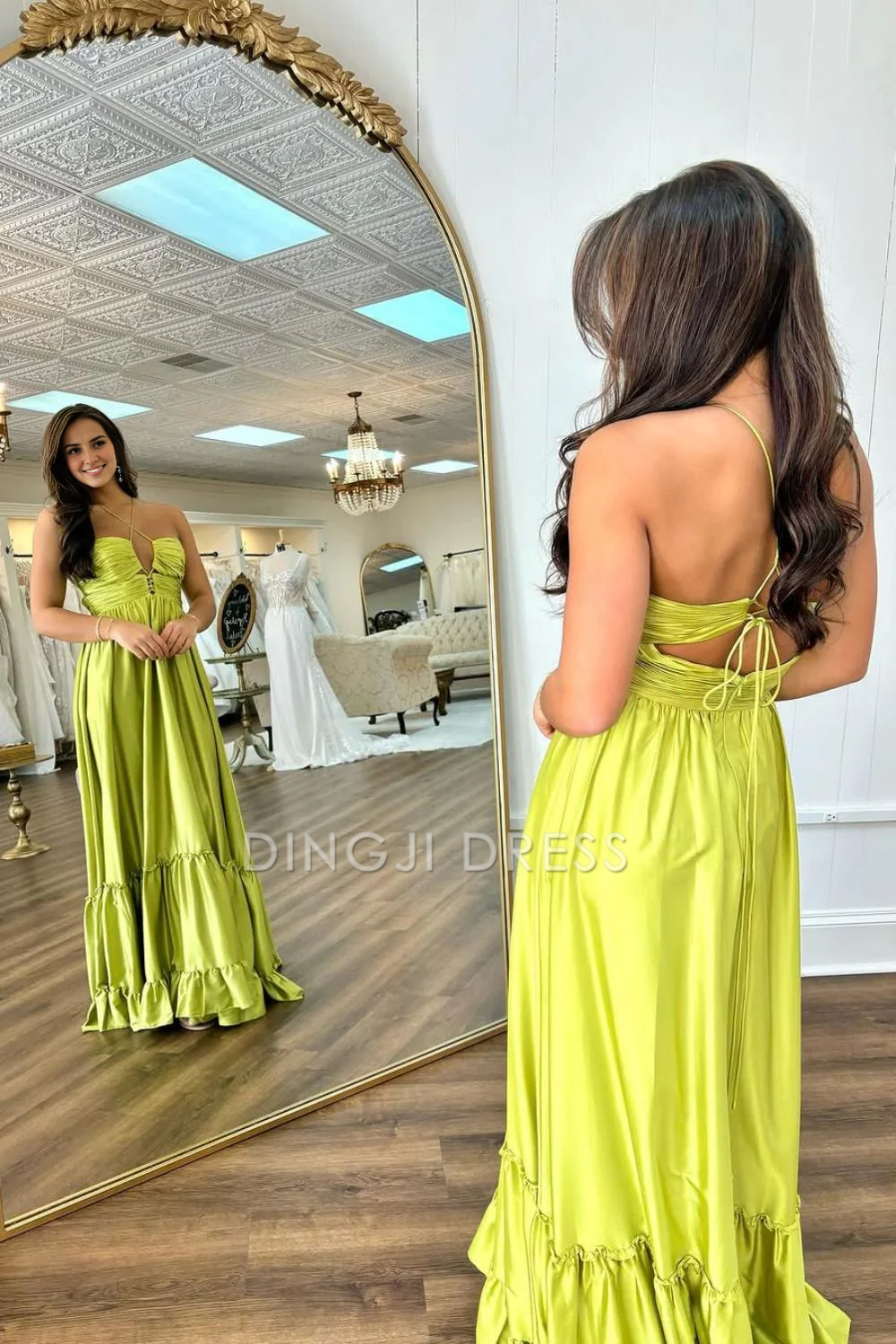 DingJiDress Chic A-Line Spaghetti Straps Backless Lace Up Long Satin Elegant Prom Dress