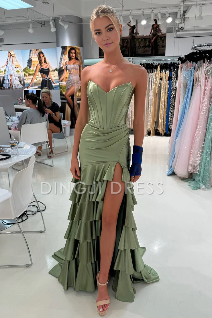 DingJiDress Charming Mermaid Sweetheart Strapless Ruched Tiered Satin With Slit Gorgeous Prom Dress