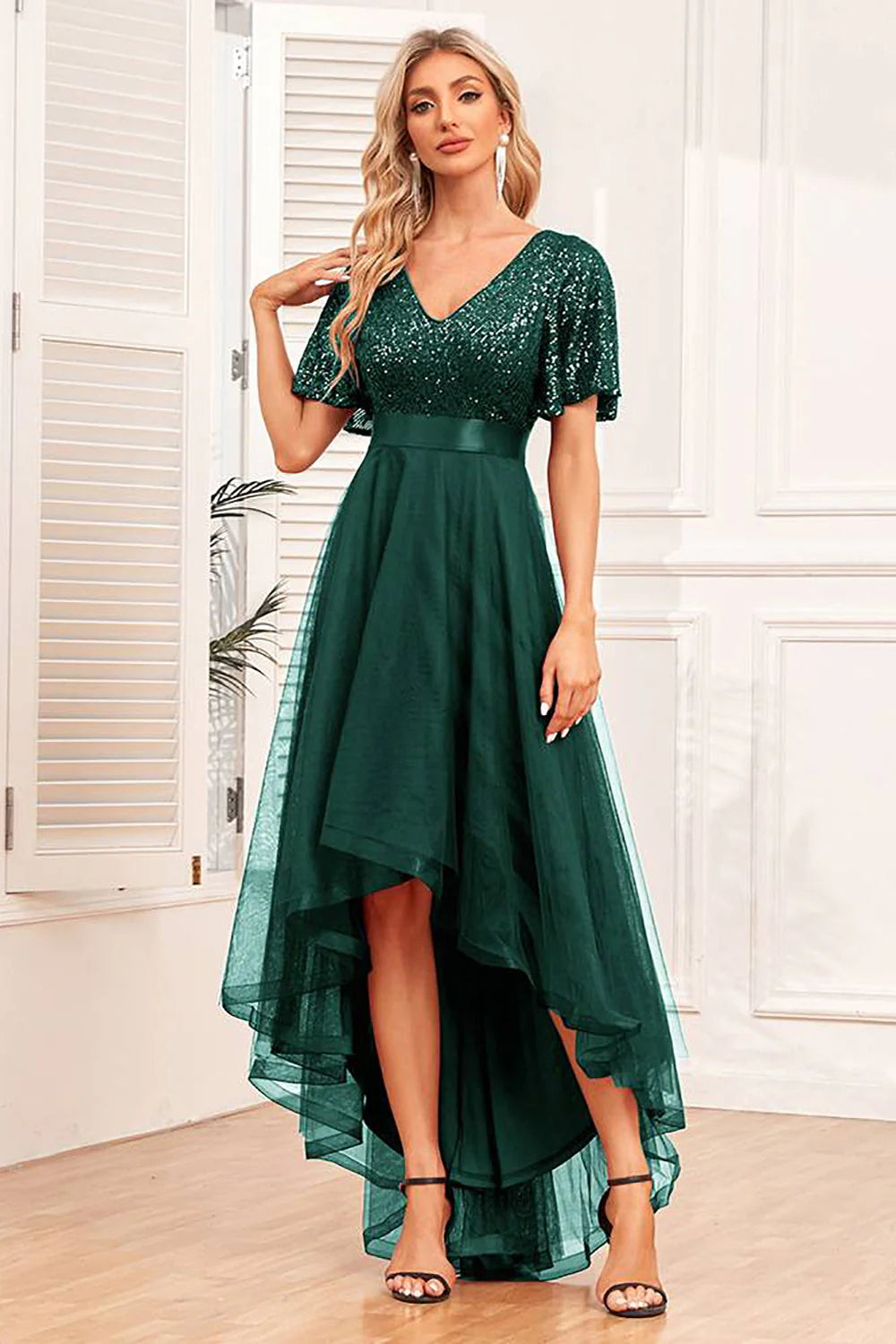 Red sequin V-neck chiffon irregular ball dress