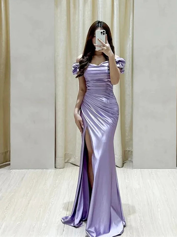 Purple satin long off shoulder slit floor length ball skirt