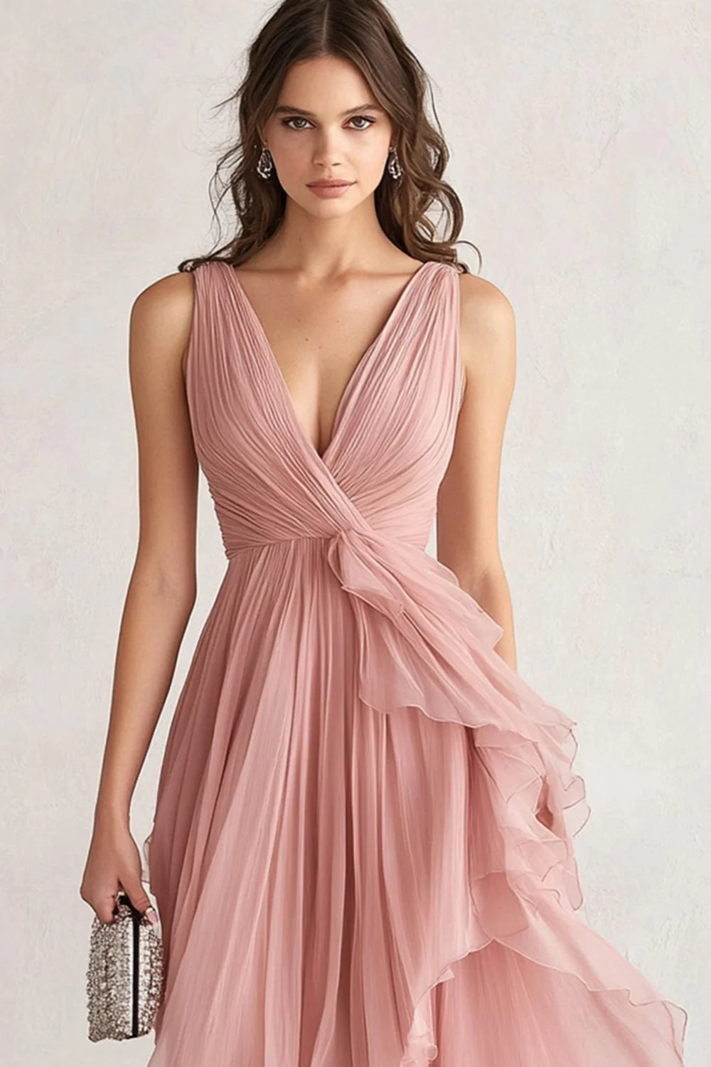 V-Neck Asymmetrical Blush Prom Dress with Pleats