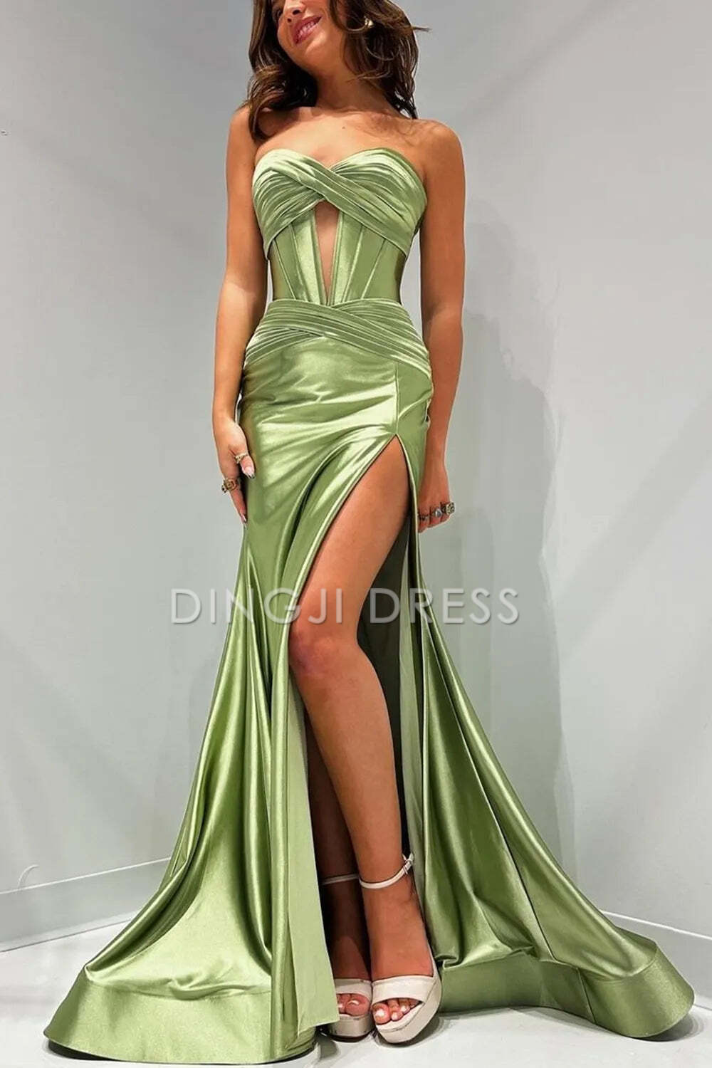 DingJiDress Elegant Satin Mermaid Strapless Long With Split Sweep Train Fashion Prom Dress