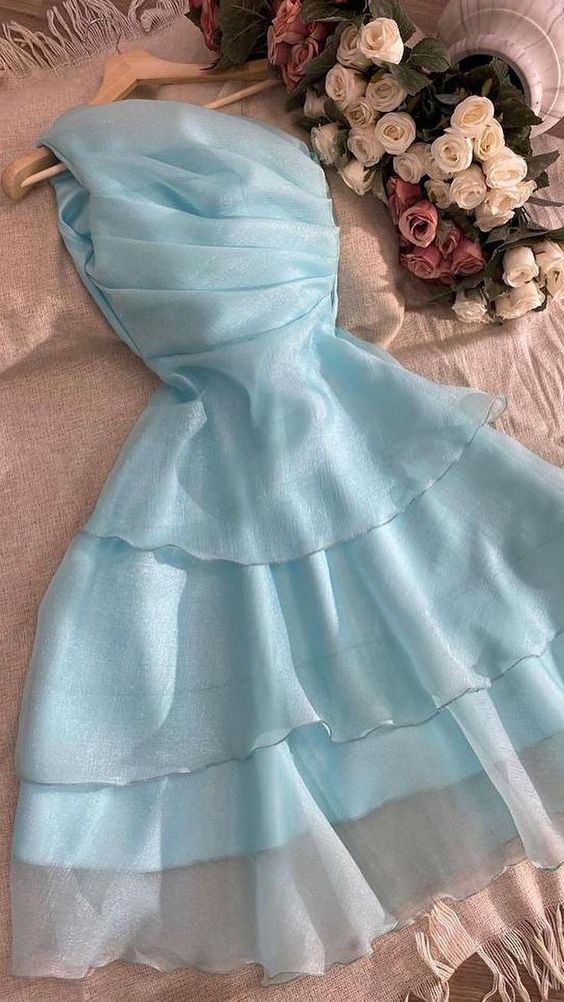 Elegant Blue Beach Dress One Shoulder Party Layered Evening Dress Back to School Dress