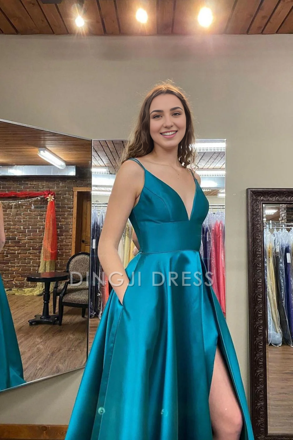 DingJiDress Classic A Line V Neck Spaghetti Strap Side Fork Long Elegant Prom Dress