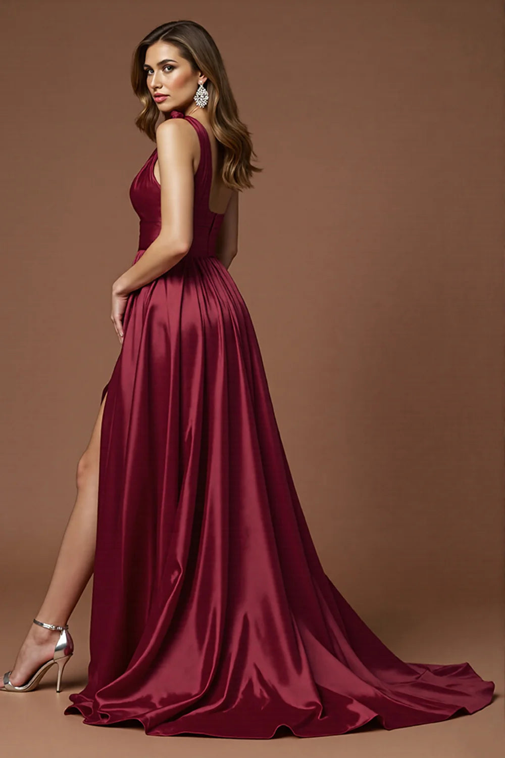 Red A-line One Shoulder Long Satin Split Ball Dress