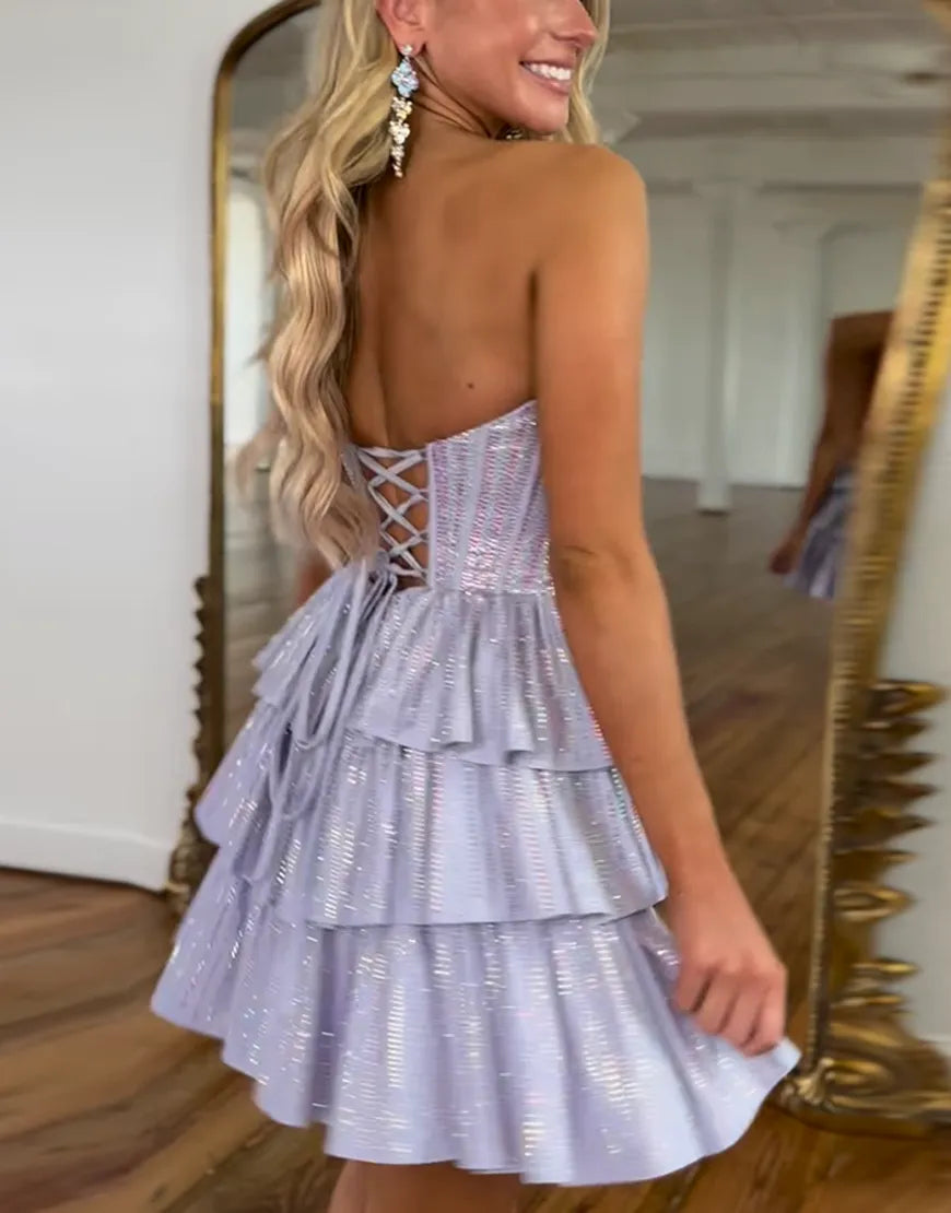 Navy Blue Short A-line Strapless Layered Party Dress