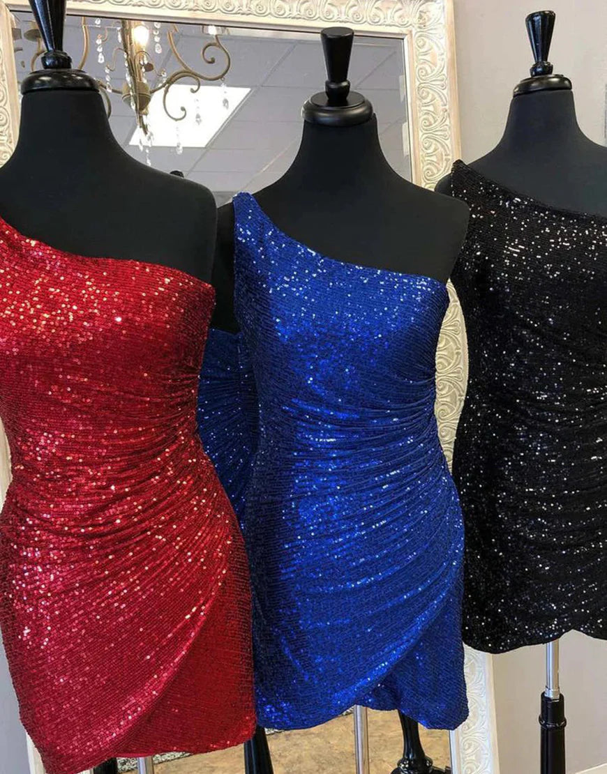 Pink One Shoulder Sequins Tight Glitter Homecoming Dress ﻿