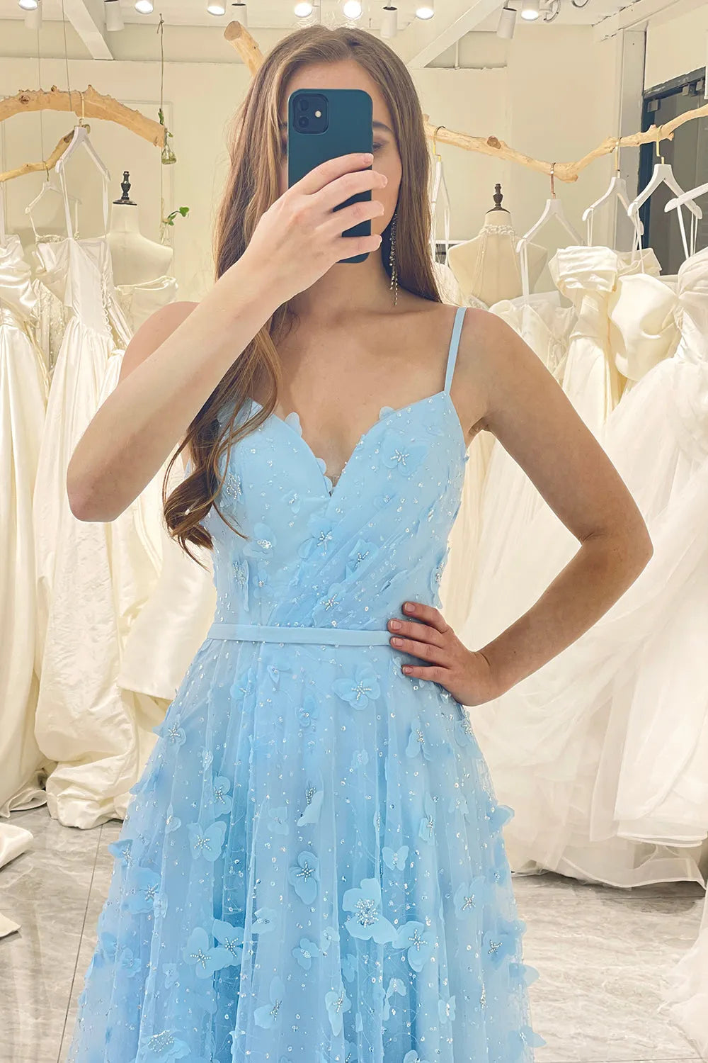 Sky blue flower long A-line version lace up dance party dress