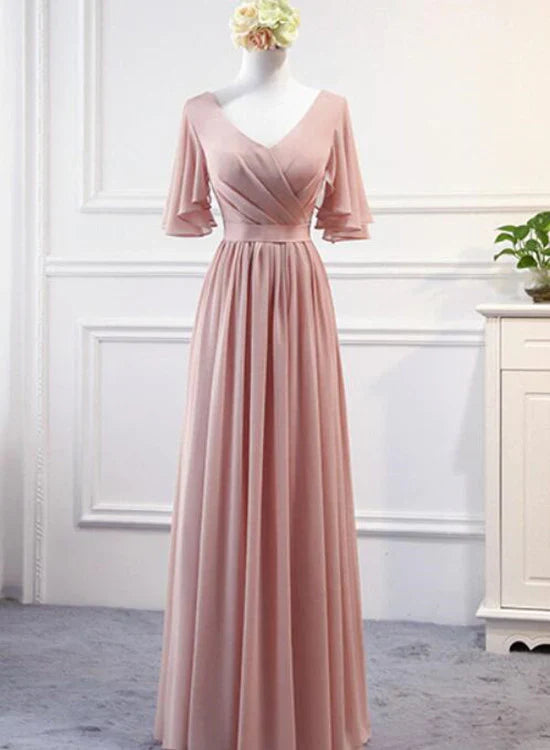 Pink V-neck chiffon bridesmaid dress party dress