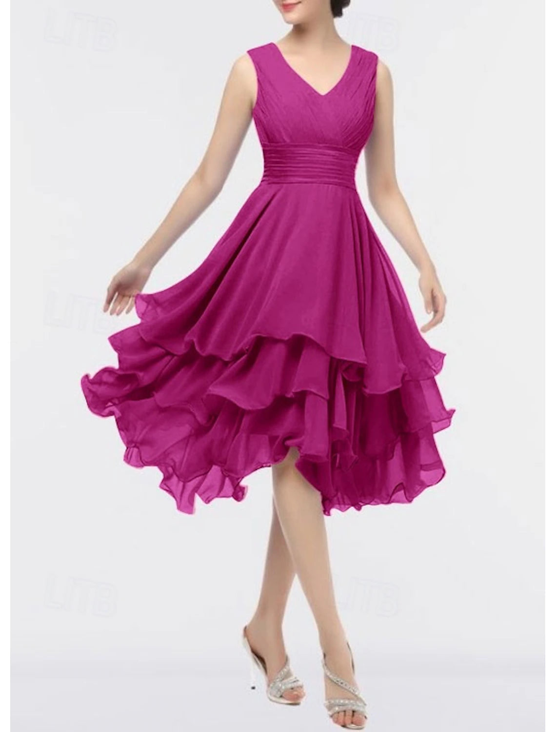 Beach Wedding A-Line Wedding Guest Dresses Party Dress Homecoming Dress Asymmetrical Sleeveless V Neck Chiffon with Ruched Tiered dress to impress Derby Dresses