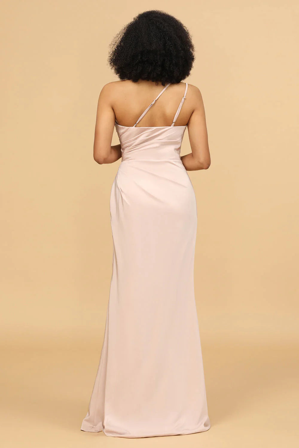 DingJiDress Blush Mermaid  Wedding Guest Dresses One Shoulder Satin Long Bridesmaid Dress with Slit