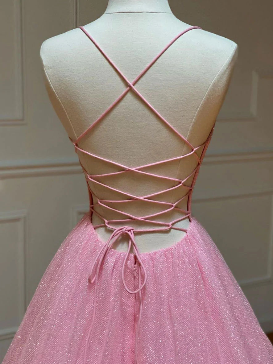 Pink A-line v neck tulle long prom dress pink evening dress