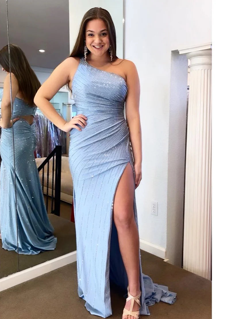Grey blue mermaid one shoulder shiny long slit dance dress