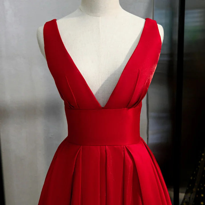 Red V-neckline Satin Floor Length Prom DressRed Evening Gown