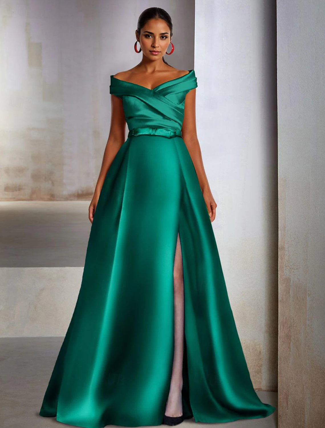 A-Line Evening Gown Elegant Dress Wedding Guest Black Tie Floor Length Sleeveless Off Shoulder Pocket Satin with Slit