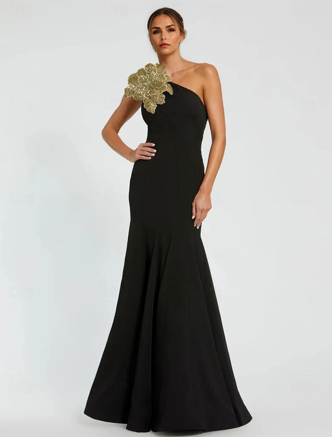 Black Gown Mermaid Evening Gown Elegant Dress Formal Floor Length Long Sleeve One Shoulder Stretch Crepe with Embroidery Appliques